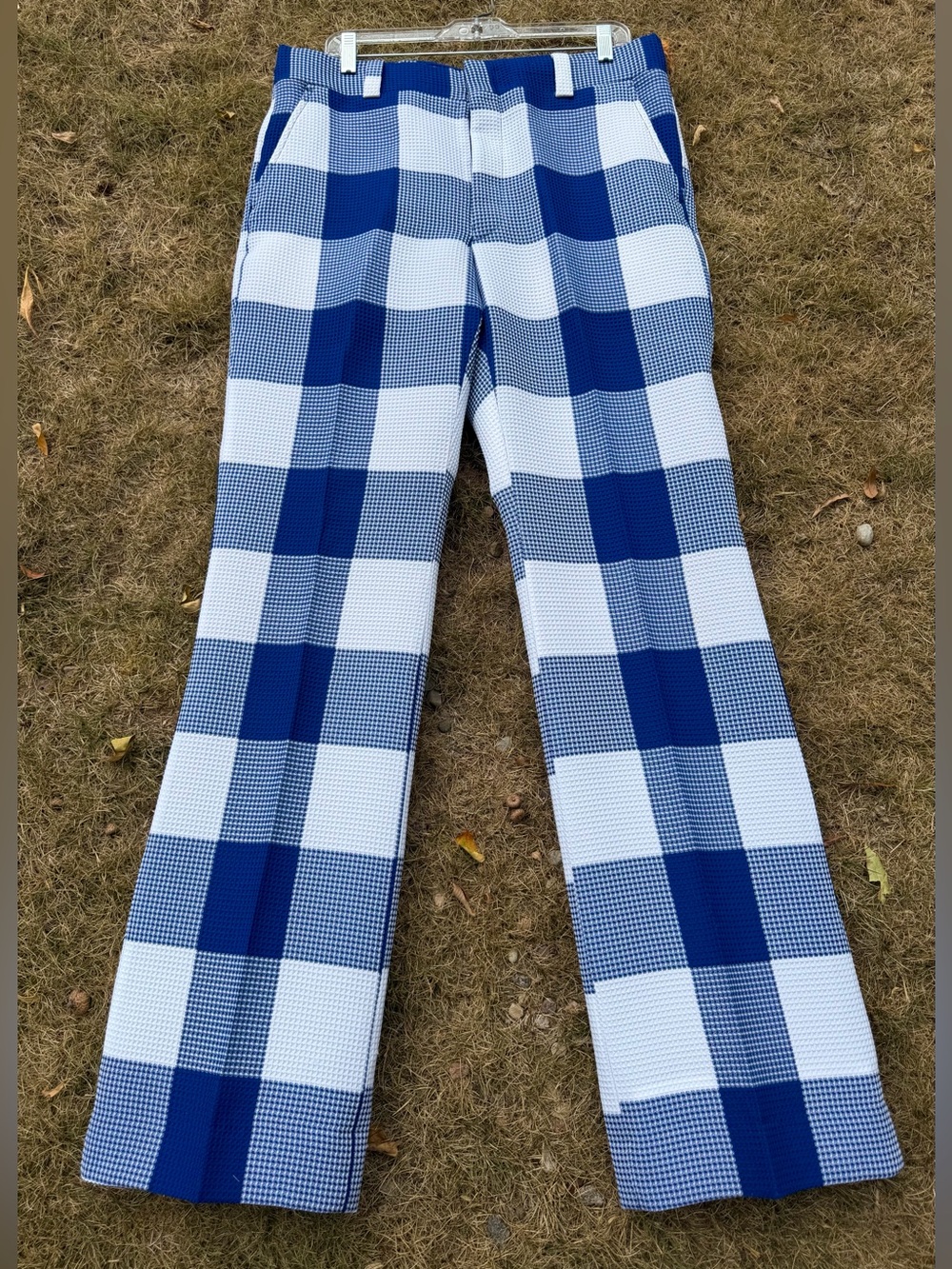 1970s CHECK GOLF PANTS Vintage Trouser Checked Blue & White Polyester Dress L